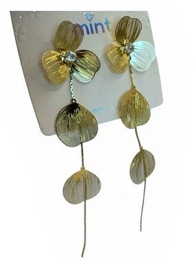 Gold Floral Drop Earrings with Crystal Center